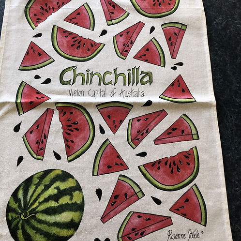 Tea Towel: Watermelon white background & CHINCHILLA Melon Capital of Australia